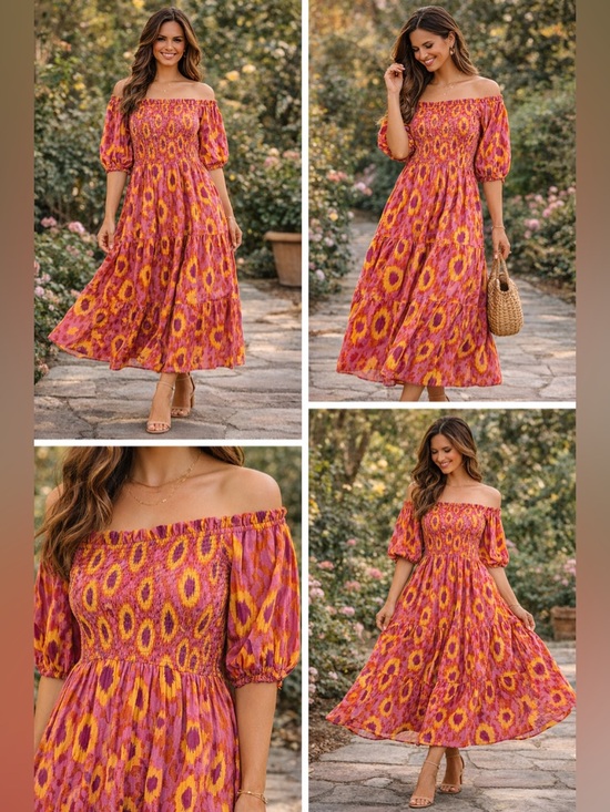 Zara Dresses & Skirts - ZARA Vibrant Pink Yellow Printed Off Shoulder Smock Puff Sleeve Maxi Dress Beach